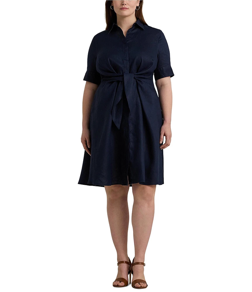 Lauren Ralph Lauren Plus Size Linen Short Sleeve Button Down Self-Tie Waist Shirt Dress
