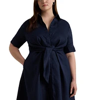 Lauren Ralph Lauren Plus Size Linen Short Sleeve Button Down Self-Tie Waist Shirt Dress