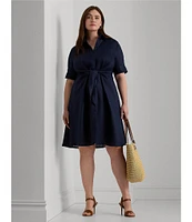 Lauren Ralph Lauren Plus Size Linen Short Sleeve Button Down Self-Tie Waist Shirt Dress