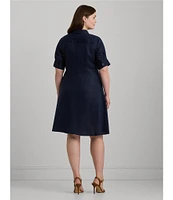 Lauren Ralph Lauren Plus Size Linen Short Sleeve Button Down Self-Tie Waist Shirt Dress