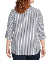 Lauren Ralph Lauren Plus Size Long Roll-Tab Sleeve Striped Button Front Cotton Shirt