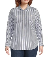 Lauren Ralph Lauren Plus Size Long Roll-Tab Sleeve Striped Button Front Cotton Shirt