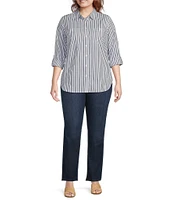 Lauren Ralph Lauren Plus Size Long Roll-Tab Sleeve Striped Button Front Cotton Shirt