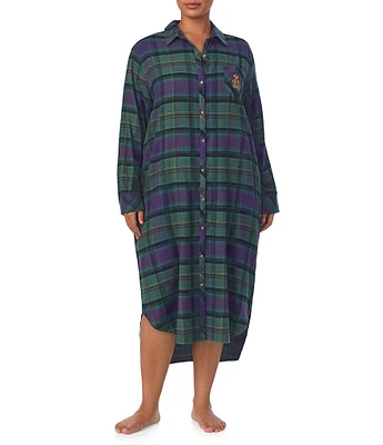 Lauren Ralph Lauren Plus Size Long Sleeve Notch Collar Brushed Twill Plaid Holiday Ballet Nightshirt