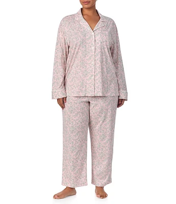 Lauren Ralph Lauren Plus Size Long Sleeve Notch Collar Long Pant Jersey Knit Pajama Set