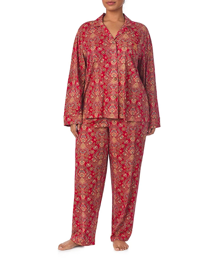 Lauren Ralph Lauren Plus Size Long Sleeve Notch Collar Long Pant Paisley Knit Holiday Pajama Set