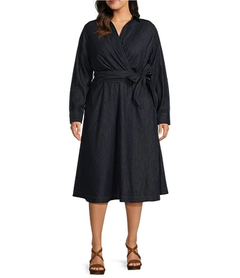 Lauren Ralph Lauren Plus Size Long Sleeve Point Collar Tie Waist Midi Dress