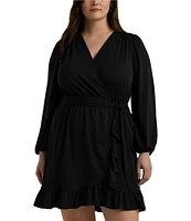 Lauren Ralph Lauren Plus Size Long Sleeve V-Neck Tie Waist Dress