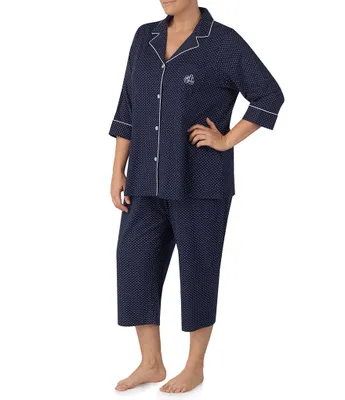 Lauren Ralph Plus Notch Collar 3/4 Sleeve Button Front Jersey Knit Capri Pajama Set