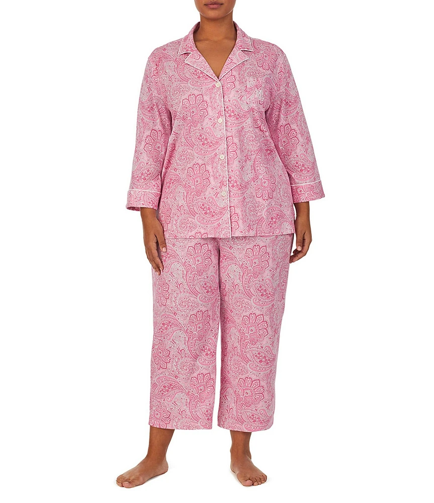 Lauren Ralph Lauren Plus Size Paisley Print Notch Collar 3/4 Sleeve Button Front Capri Pajama Set