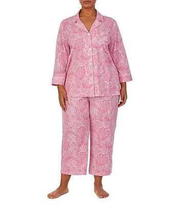 Lauren Ralph Lauren Plus Size Paisley Print Notch Collar 3/4 Sleeve Button Front Capri Pajama Set