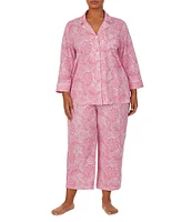 Lauren Ralph Lauren Plus Size Paisley Print Notch Collar 3/4 Sleeve Button Front Capri Pajama Set