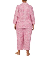 Lauren Ralph Lauren Plus Size Paisley Print Notch Collar 3/4 Sleeve Button Front Capri Pajama Set