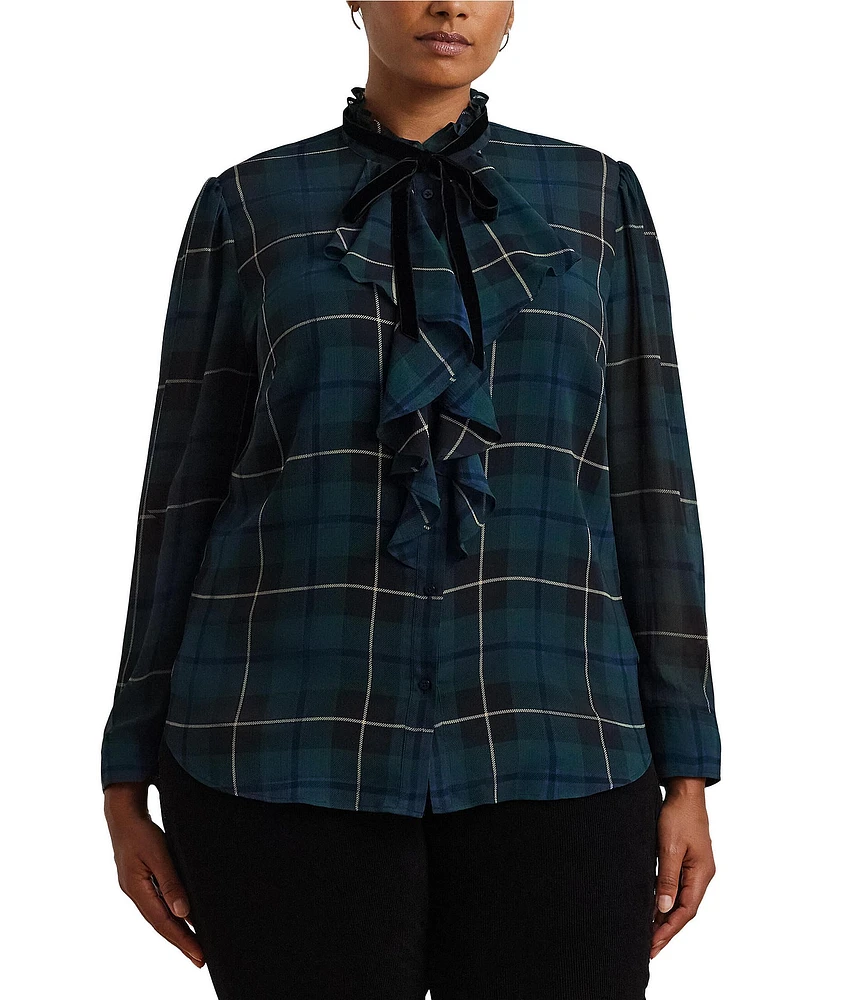 Lauren Ralph Lauren Plus Size Plaid Ruffle Trim Crinkle Georgette Banded Collar Long Sleeve Shirttail Hem Blouse