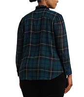 Lauren Ralph Lauren Plus Size Plaid Ruffle Trim Crinkle Georgette Banded Collar Long Sleeve Shirttail Hem Blouse