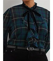 Lauren Ralph Lauren Plus Size Plaid Ruffle Trim Crinkle Georgette Banded Collar Long Sleeve Shirttail Hem Blouse