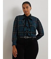 Lauren Ralph Lauren Plus Size Plaid Ruffle Trim Crinkle Georgette Banded Collar Long Sleeve Shirttail Hem Blouse