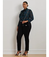 Lauren Ralph Lauren Plus Size Plaid Ruffle Trim Crinkle Georgette Banded Collar Long Sleeve Shirttail Hem Blouse