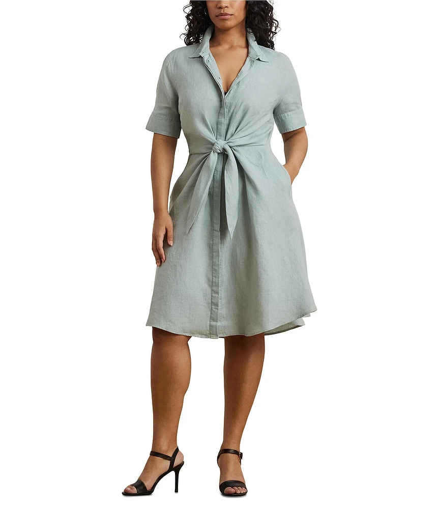 Lauren Ralph Lauren Plus Size Point Collar Elbow Length Buttoned Cuff Sleeves Tie-Front Shirt Dress