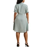 Lauren Ralph Lauren Plus Size Point Collar Elbow Length Buttoned Cuff Sleeves Tie-Front Shirt Dress