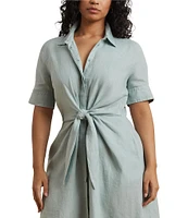 Lauren Ralph Lauren Plus Size Point Collar Elbow Length Buttoned Cuff Sleeves Tie-Front Shirt Dress