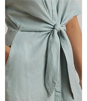Lauren Ralph Lauren Plus Size Point Collar Elbow Length Buttoned Cuff Sleeves Tie-Front Shirt Dress