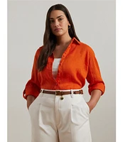 Lauren Ralph Lauren Plus Size Point Collar Long Roll-Tab Sleeve Button Front Linen Shirt