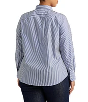 Lauren Ralph Lauren Plus Size Easy Care Striped Print Point Collar Shirttail Hem Long Sleeve Shirt