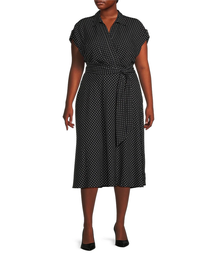 Lauren Ralph Lauren Plus Size Polka-Dot Crepe Collared V-Neck Short Sleeve Belted A-Line Midi Dress