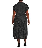 Lauren Ralph Lauren Plus Size Polka-Dot Crepe Collared V-Neck Short Sleeve Belted A-Line Midi Dress