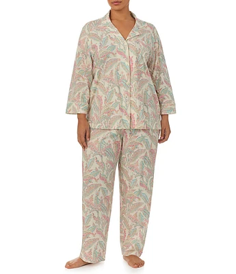 Lauren Ralph Lauren Plus Size Printed 3/4 Sleeve Notch Collar Pajama Set