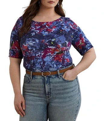 Lauren Ralph Lauren Plus Size Printed Stretch Cotton Boat Neck Elbow Sleeve T-Shirt