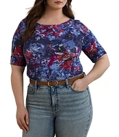 Lauren Ralph Lauren Plus Size Printed Stretch Cotton Boat Neck Elbow Sleeve T-Shirt