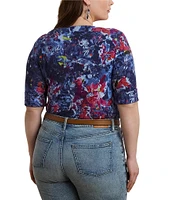 Lauren Ralph Lauren Plus Size Printed Stretch Cotton Boat Neck Elbow Sleeve T-Shirt
