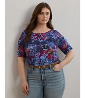 Lauren Ralph Lauren Plus Size Printed Stretch Cotton Boat Neck Elbow Sleeve T-Shirt
