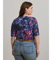Lauren Ralph Lauren Plus Size Printed Stretch Cotton Boat Neck Elbow Sleeve T-Shirt