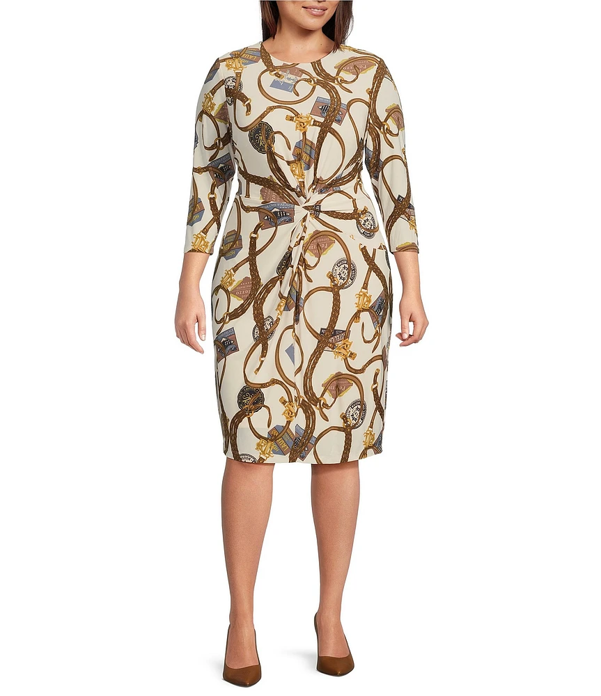 Lauren Ralph Lauren Plus Size Printed Stretch Jersey Round Neck 3/4 Sleeve Front Twist Sheath Dress