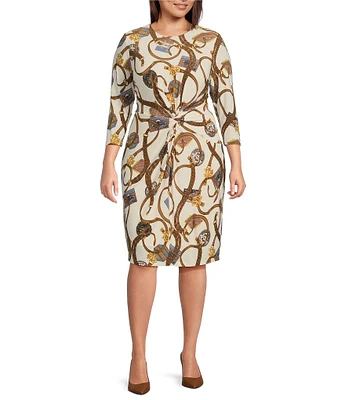 Lauren Ralph Lauren Plus Size Printed Stretch Jersey Round Neck 3/4 Sleeve Front Twist Sheath Dress