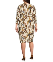 Lauren Ralph Lauren Plus Size Printed Stretch Jersey Round Neck 3/4 Sleeve Front Twist Sheath Dress