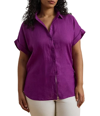 Lauren Ralph Lauren Plus Size Relaxed Fit Point Collar Short Sleeve Linen Shirt
