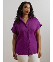 Lauren Ralph Lauren Plus Size Relaxed Fit Point Collar Short Sleeve Linen Shirt