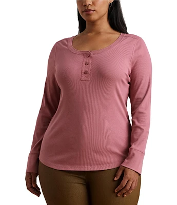 Lauren Ralph Lauren Plus Size Rib-Knit Scoop Neck Long Elbow Patch Sleeve Henley Tee