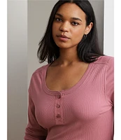 Lauren Ralph Lauren Plus Size Rib-Knit Scoop Neck Long Elbow Patch Sleeve Henley Tee