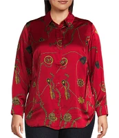 Lauren Ralph Lauren Plus Size Satin Charmeuse Printed Point Collar Long Sleeve Button-Front Shirt