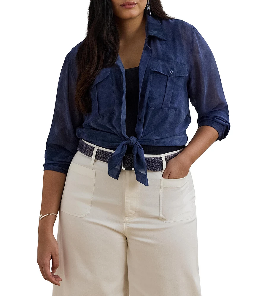 Lauren Ralph Lauren Plus Size Sheer Chiffon Cerulean Print Point Collar Long Sleeve Shirt