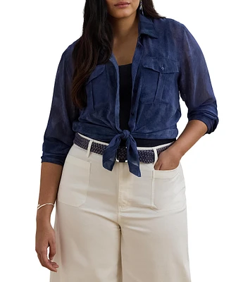 Lauren Ralph Lauren Plus Size Sheer Chiffon Cerulean Print Point Collar Long Sleeve Shirt