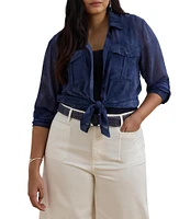 Lauren Ralph Lauren Plus Size Sheer Chiffon Cerulean Print Point Collar Long Sleeve Shirt