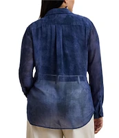 Lauren Ralph Lauren Plus Size Sheer Chiffon Cerulean Print Point Collar Long Sleeve Shirt