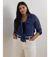 Lauren Ralph Lauren Plus Size Sheer Chiffon Cerulean Print Point Collar Long Sleeve Shirt