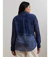Lauren Ralph Lauren Plus Size Sheer Chiffon Cerulean Print Point Collar Long Sleeve Shirt